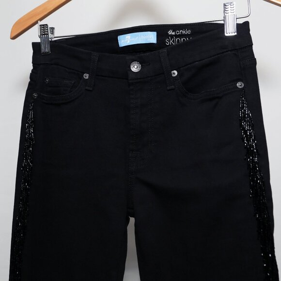 7 for all humankind black ankle skinny jeans with beaded fringe down the leg - Picture 3 of 16